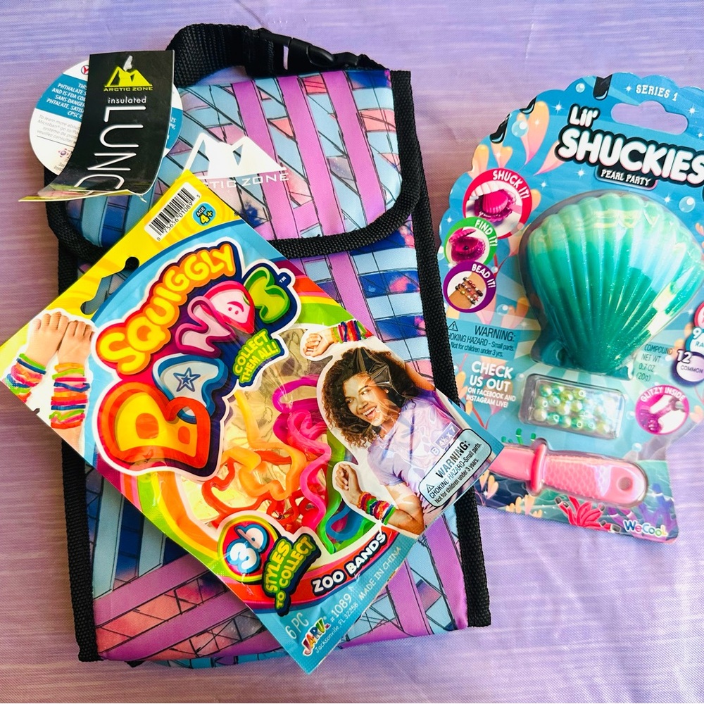 Insulated Lunch Sack, Lil’ Shuckies Bead DIY bracelet, and 6 Colorful bands